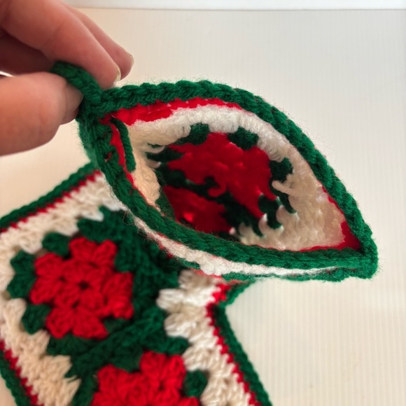 Vintage Crochet Granny Square Christmas Holiday Stocking White Red Green - Picture 4 of 6